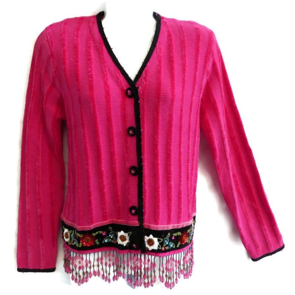 Berek Sweater Vintage Hot Pink Chenille Beads Pretty Ugly Fringe Velvet Pads S